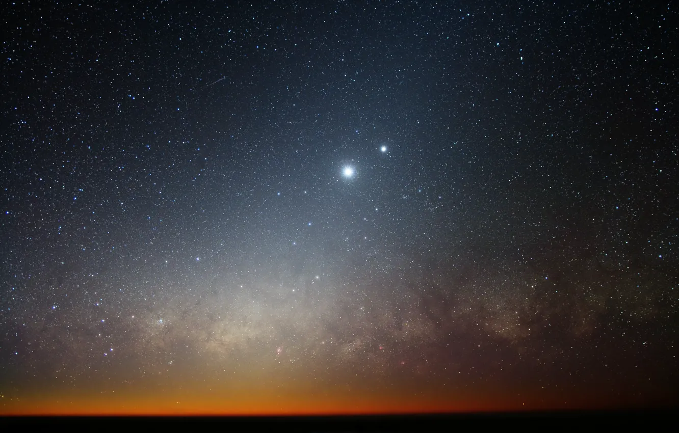Фото обои звезды, Луна, горизонт, Млечный путь, галактика, Венера