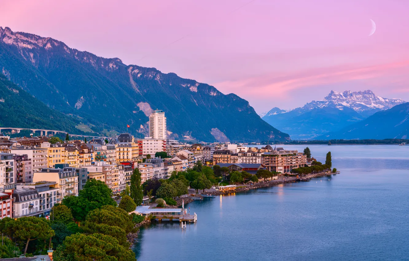 Фото обои Switzerland, sunset, town, Alps, Lake Geneva, Montreux