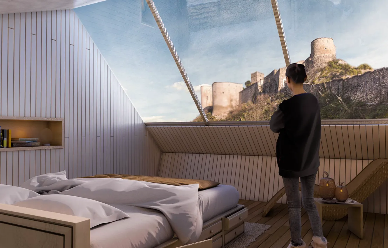 Фото обои девушка, дизайн, помещение, Particula Observatory Houses YAC Competition, Bedroom Day Shot