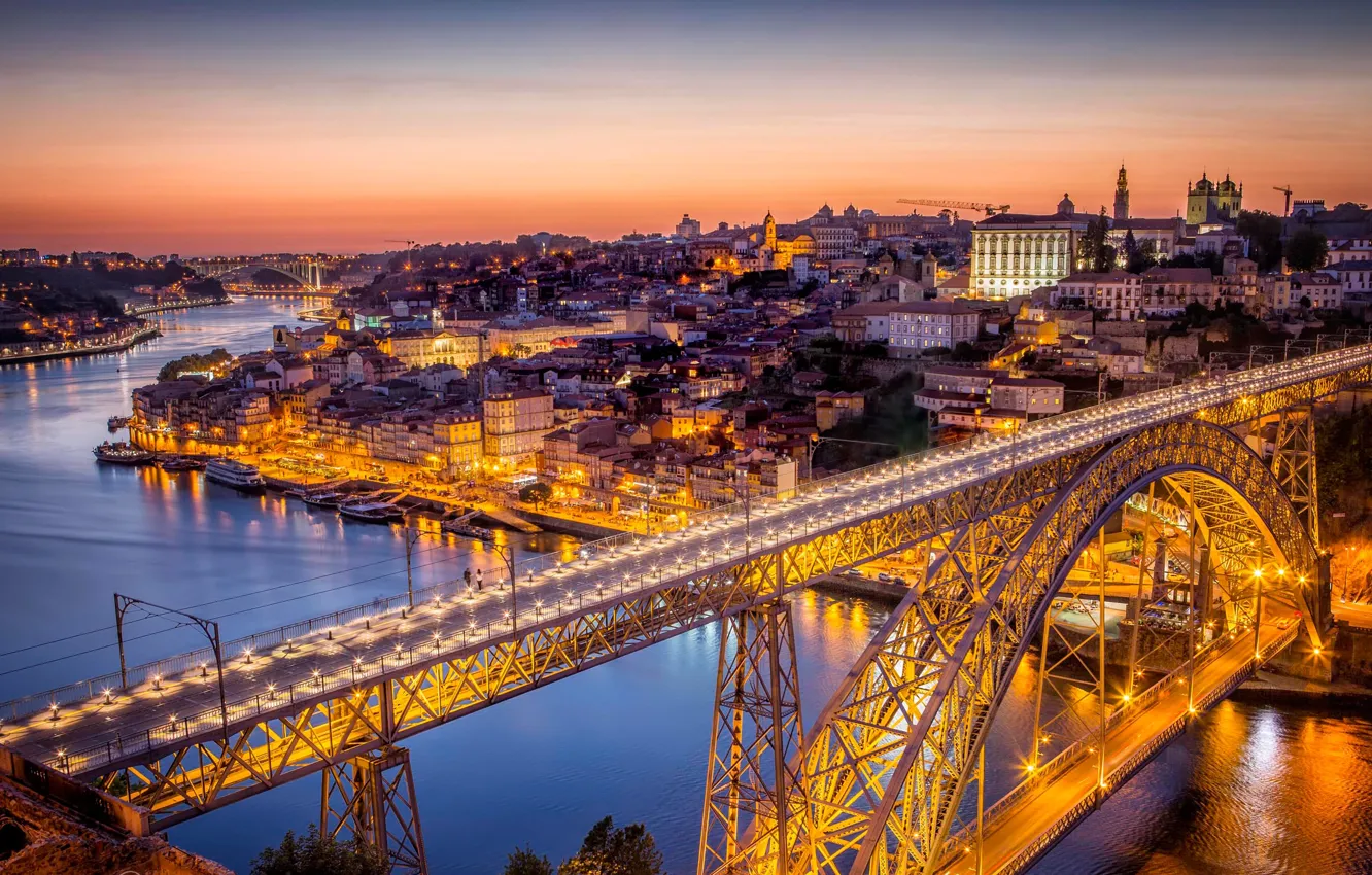 Фото обои мост, огни, река, дома, панорама, Португалия, Порто