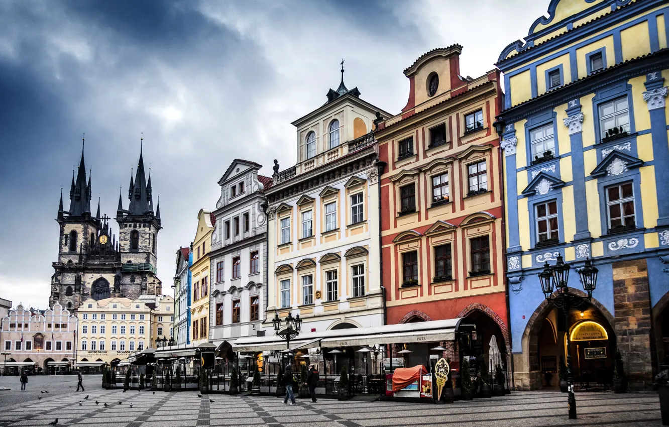 Фото обои город, люди, здания, Прага, Чехия, площадь, башни, архитектура