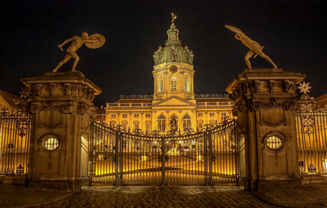 Фото обои ночь, огни, замок, ворота, Германия, Берлин, Шарлоттенбург