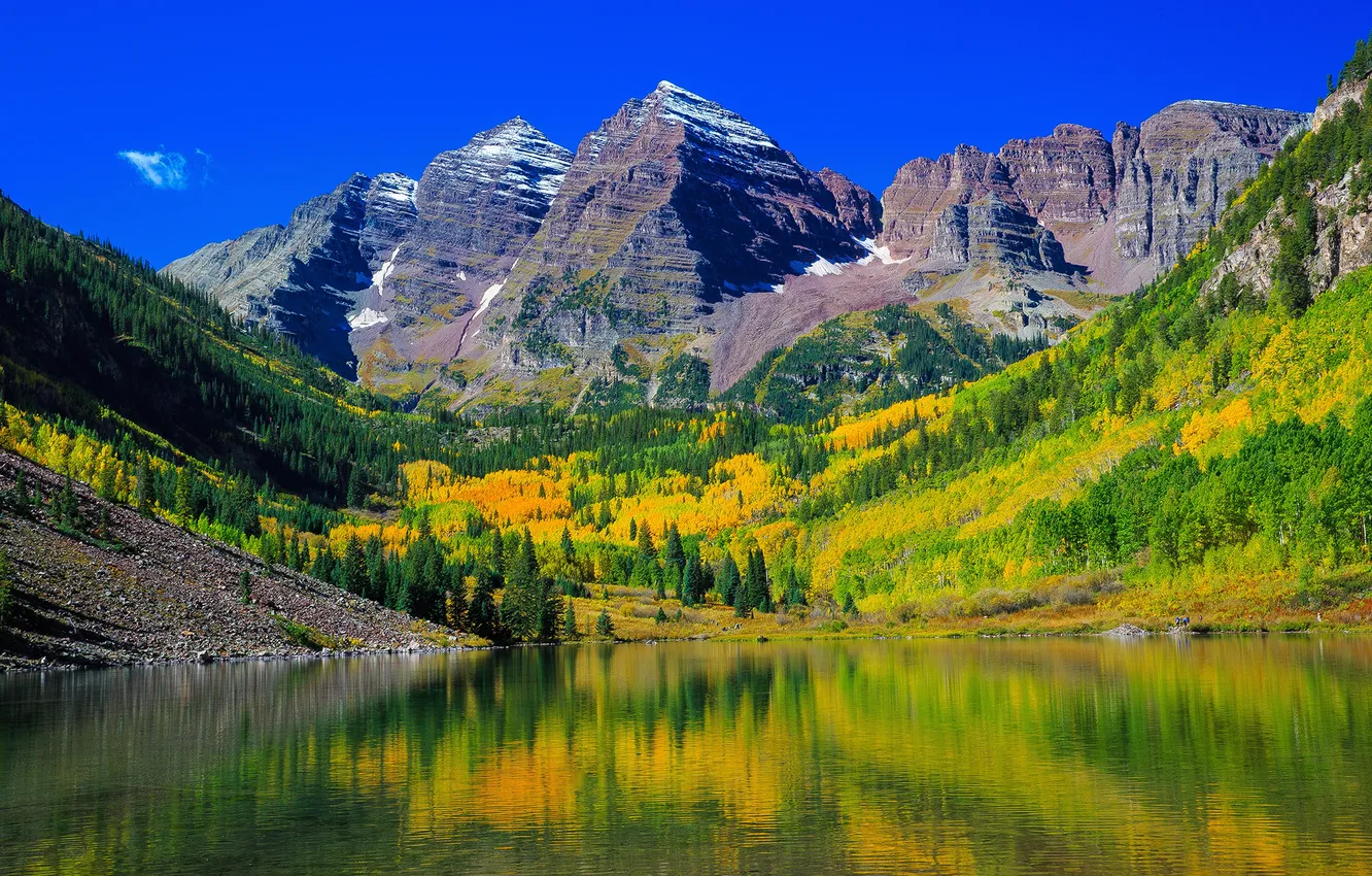 Фото обои осень, лес, деревья, горы, озеро, отражение, камни, скалы