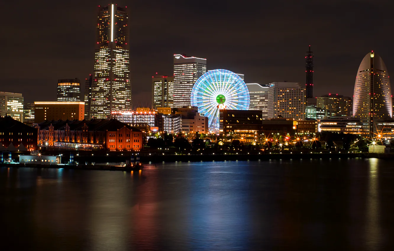Фото обои ночь, огни, отражение, Япония, подсветка, порт, залив, колесо обозрения