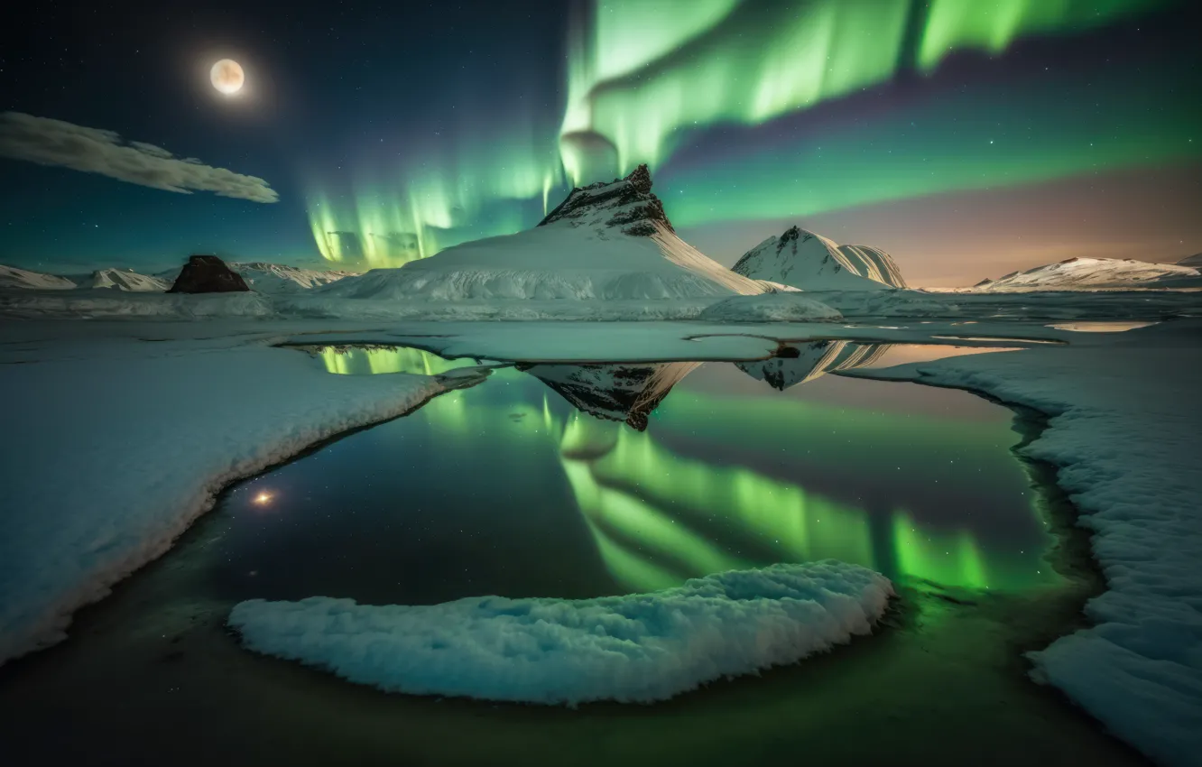 Фото обои зима, небо, свет, снег, пейзаж, горы, ночь, природа