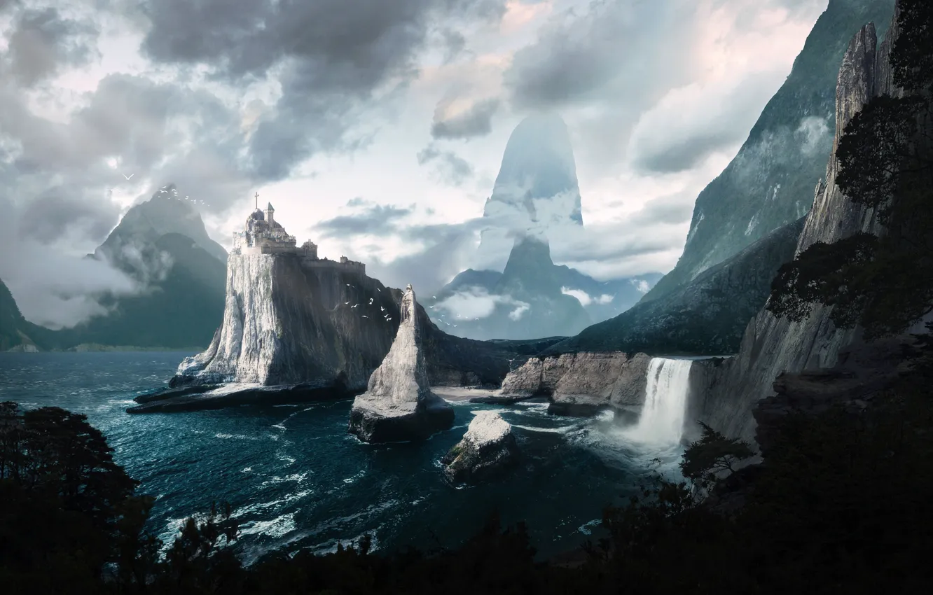 Фото обои Облака, Море, Горы, Скалы, Залив, Fantasy, Пейзаж, Крепость