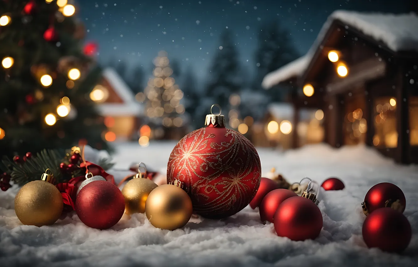 Фото обои снег, украшения, ночь, шары, елка, Рождество, Новый год, Christmas