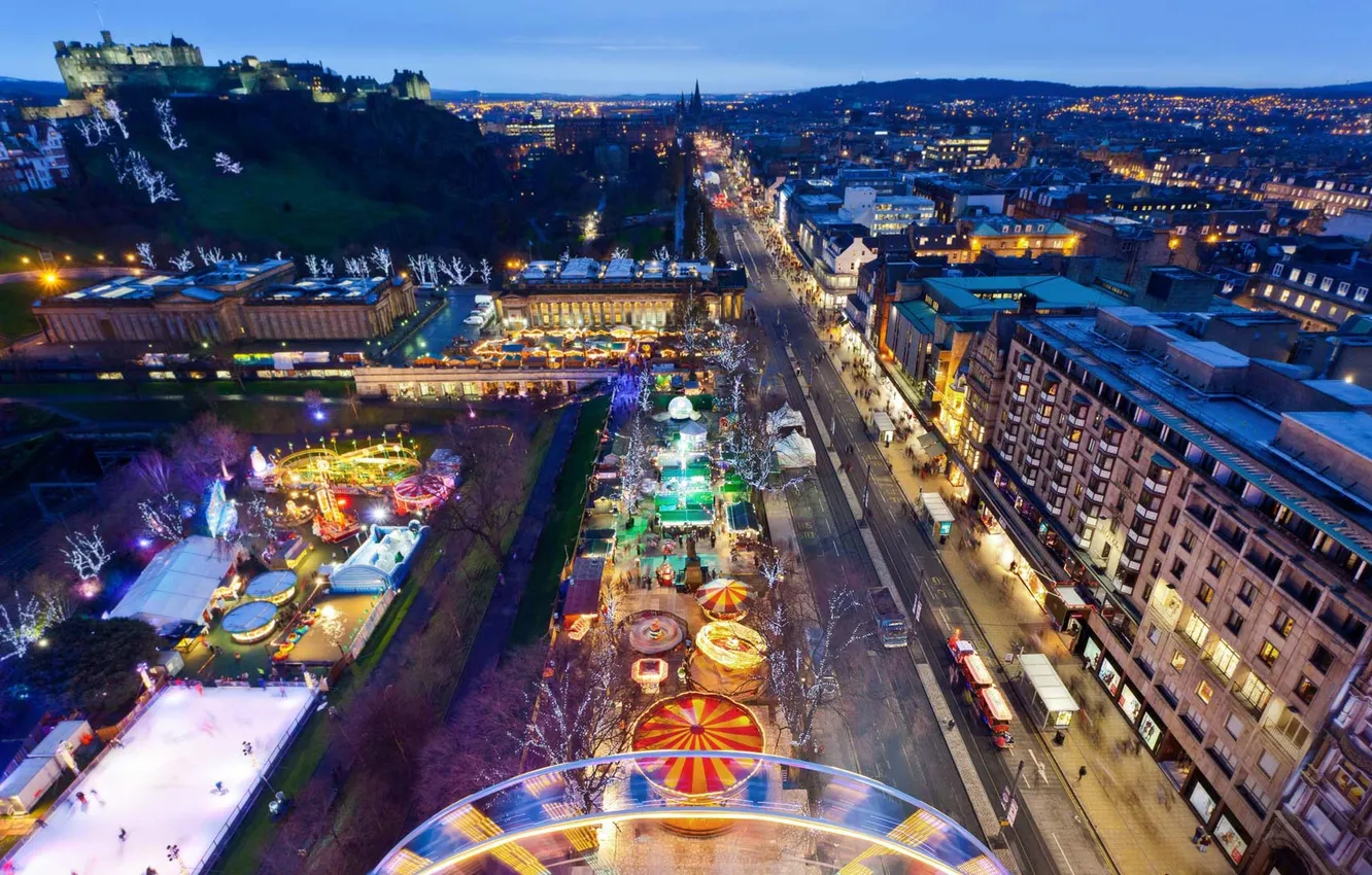 Фото обои праздник, Шотландия, Рождество, рынок, Эдинбур, Принцесс-стрит