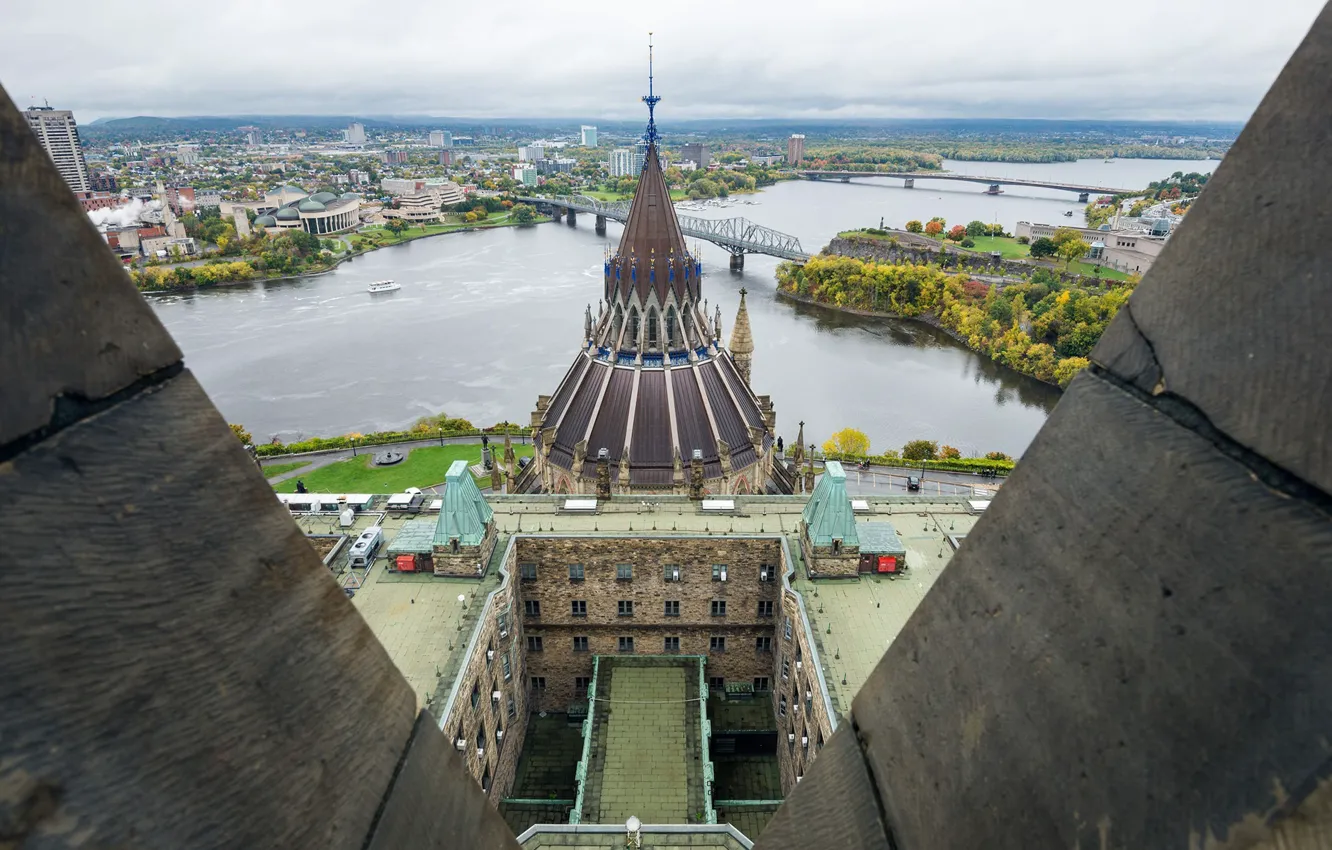 Фото обои мост, река, Канада, панорама, Оттава, Башня Мира