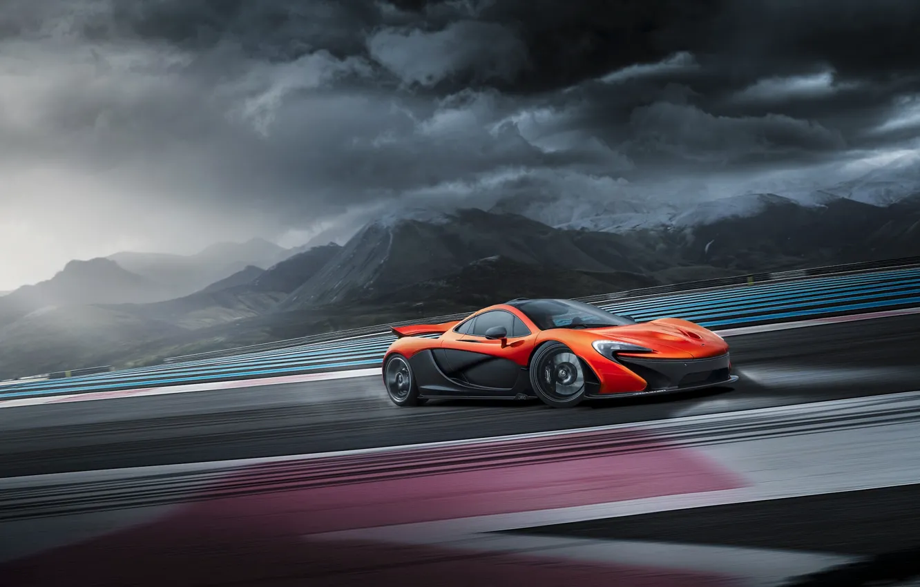 Фото обои McLaren, Orange, Clouds, Supercar, Track, Skid, Drifting