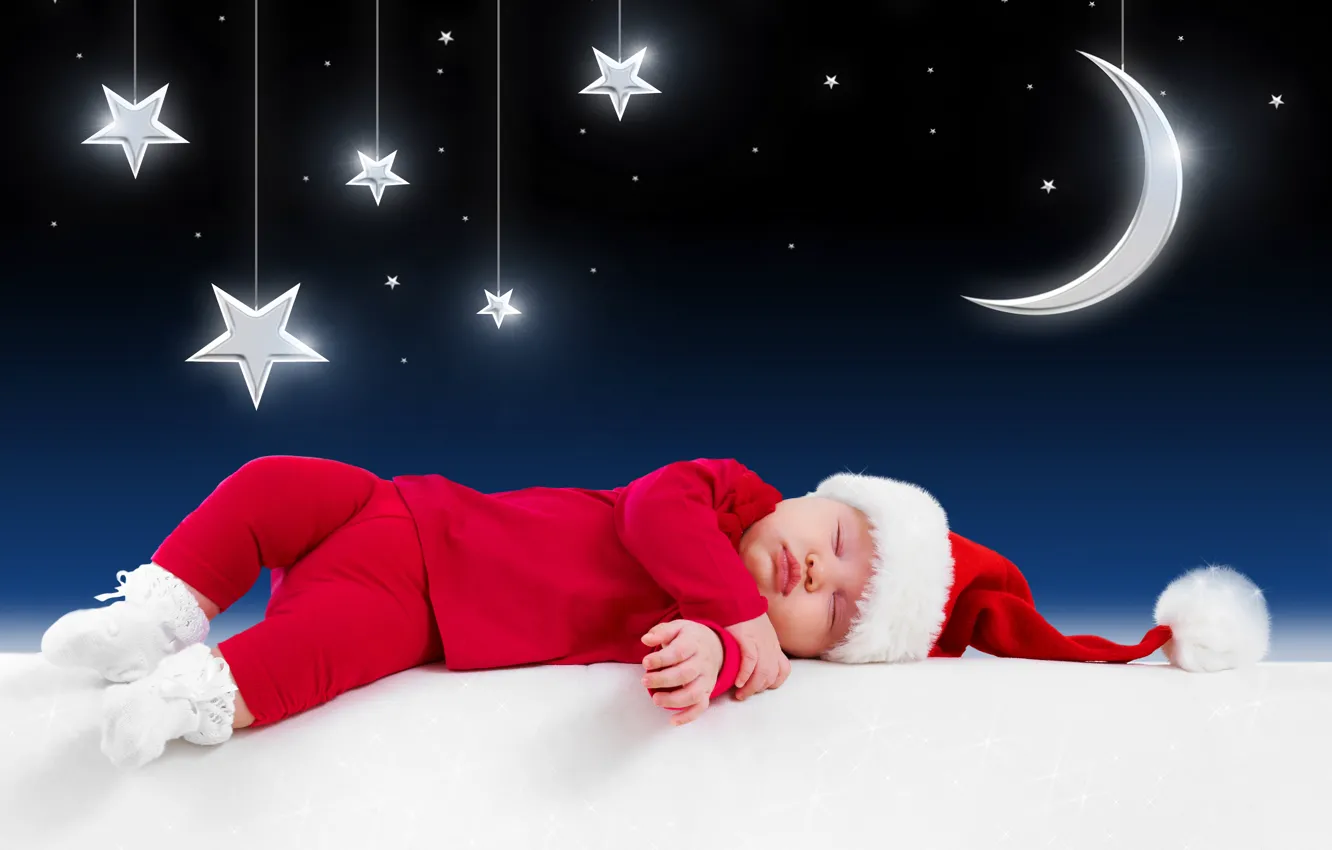 Фото обои звезды, дети, луна, одежда, малыш, Новый год, moon, new year