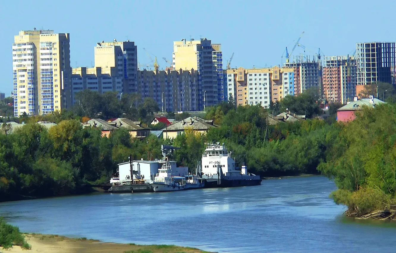 Фото обои лето, город, стройка, Река, ОМСК, пароходы, Сибирь