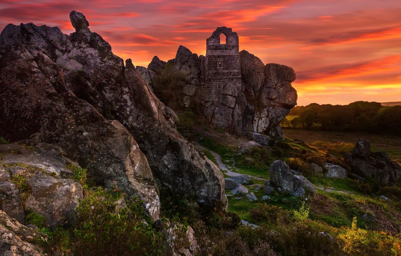 Фото обои закат, камни, скалы, руины
