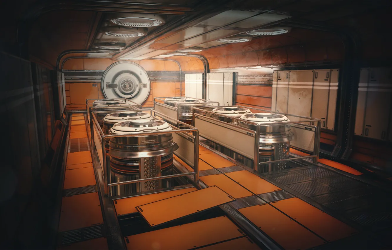 Фото обои помещение, оборудование, Sci Fi Orange Tunnel