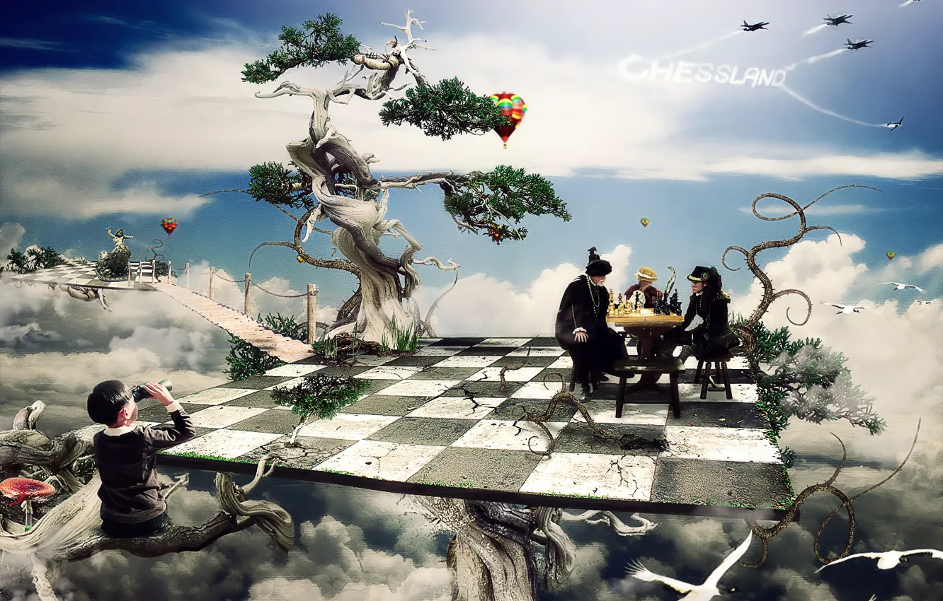 Фото обои деревья, фантастика, мальчик, шахматы, клетки, доска