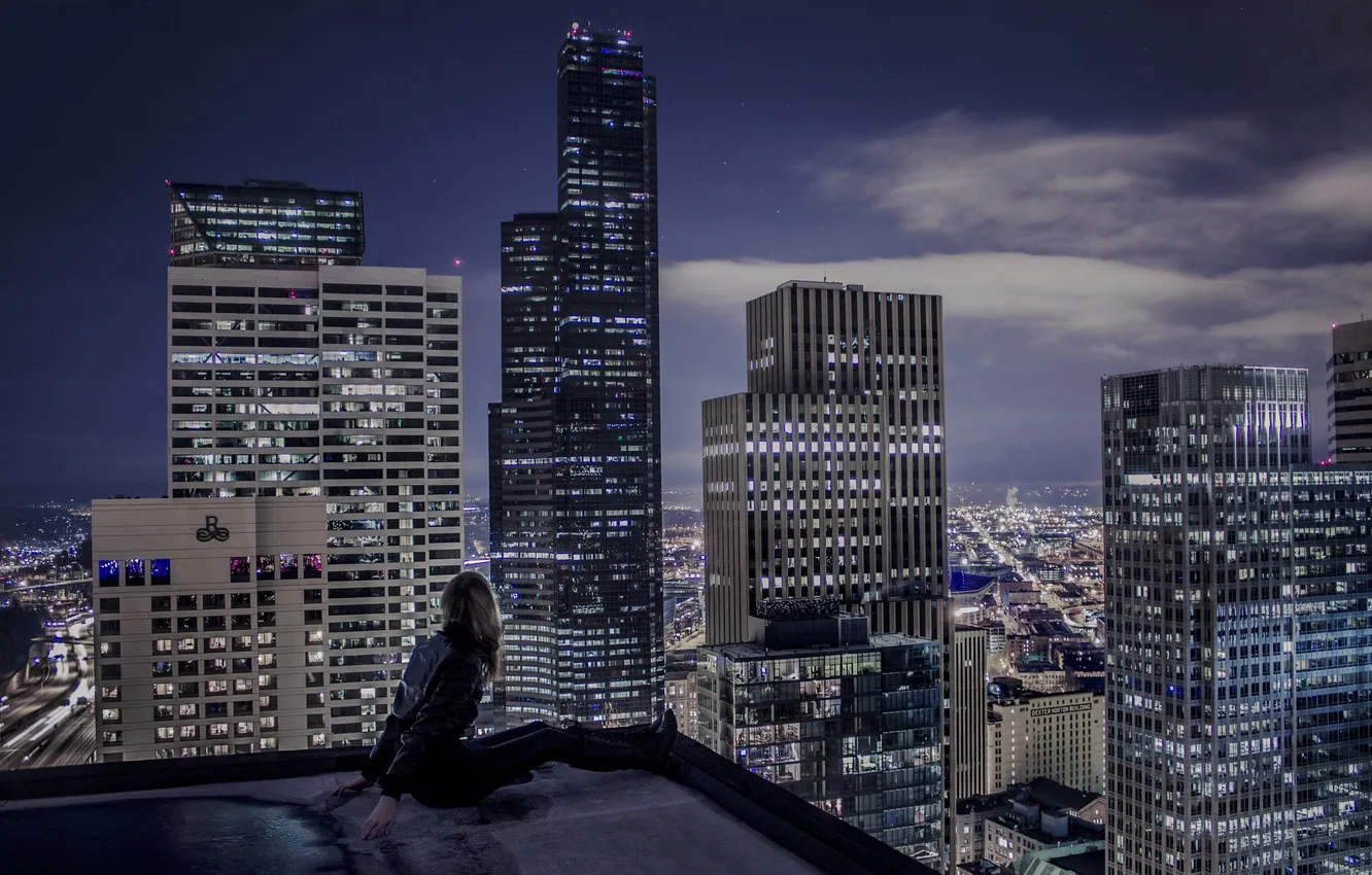 Фото обои city, lights, road, long hair, modern, water, night, skyscraper