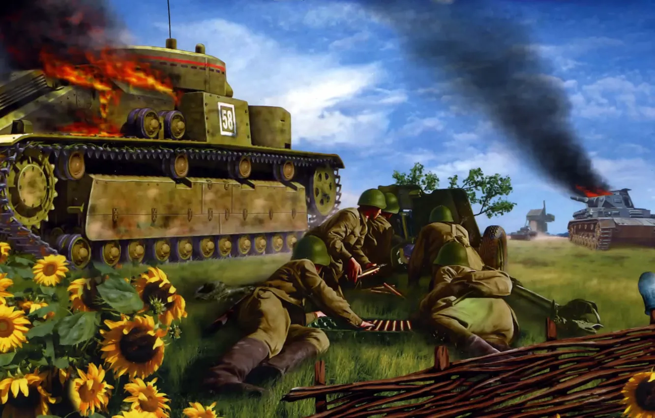 Фото обои Т-28 советский средний танк подбитый, ведет бой, 1942г. Битва за Киев, справа подбитый немецкий танк …