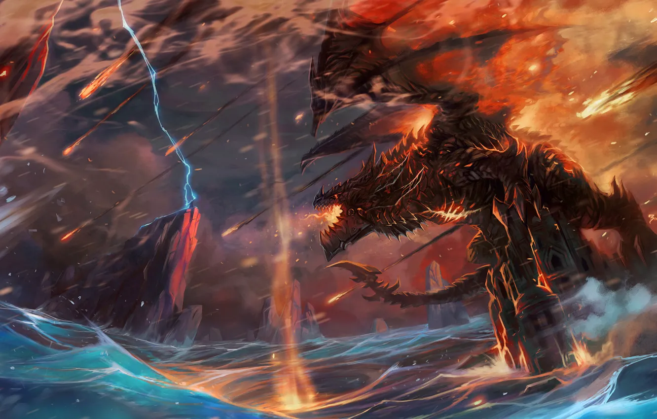 Фото обои волны, замок, огонь, молния, дракон, человек, арт, world of warcraft