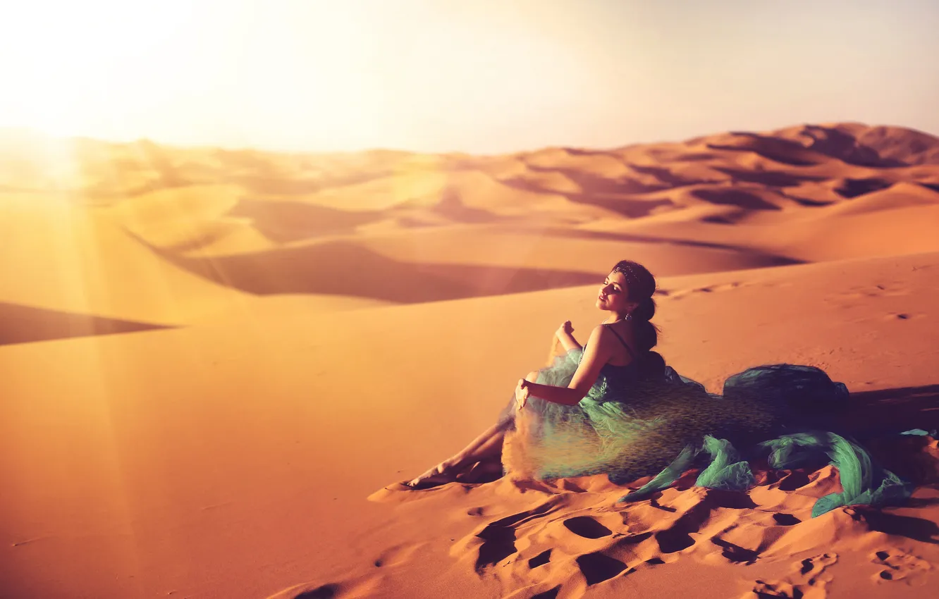 Фото обои песок, девушка, настроение, пустыня
