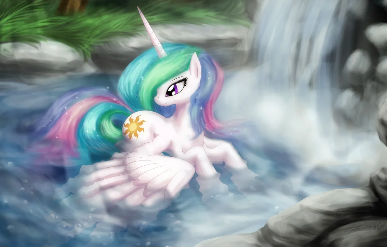 Фото обои вода, мультфильм, водопад, крылья, купание, арт, пони, принцесса