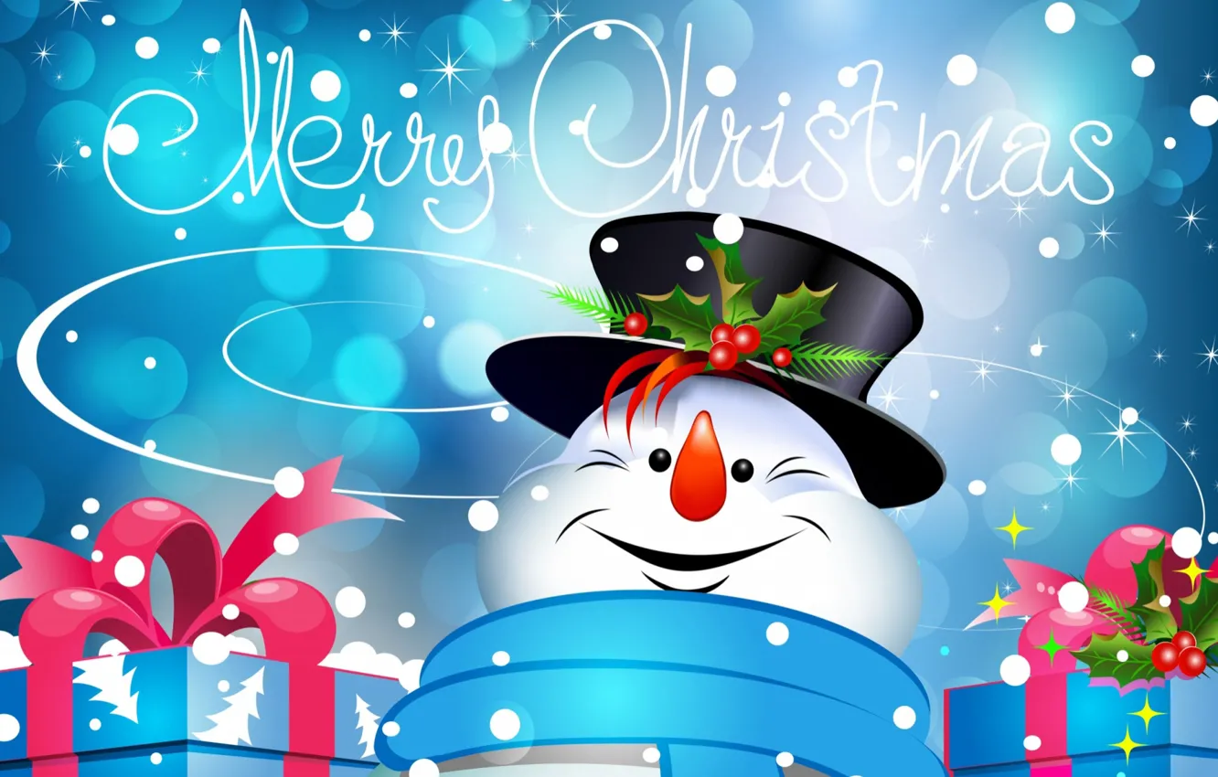 Фото обои праздник, шляпа, Рождество, подарки, снеговик, цилиндр, открытка