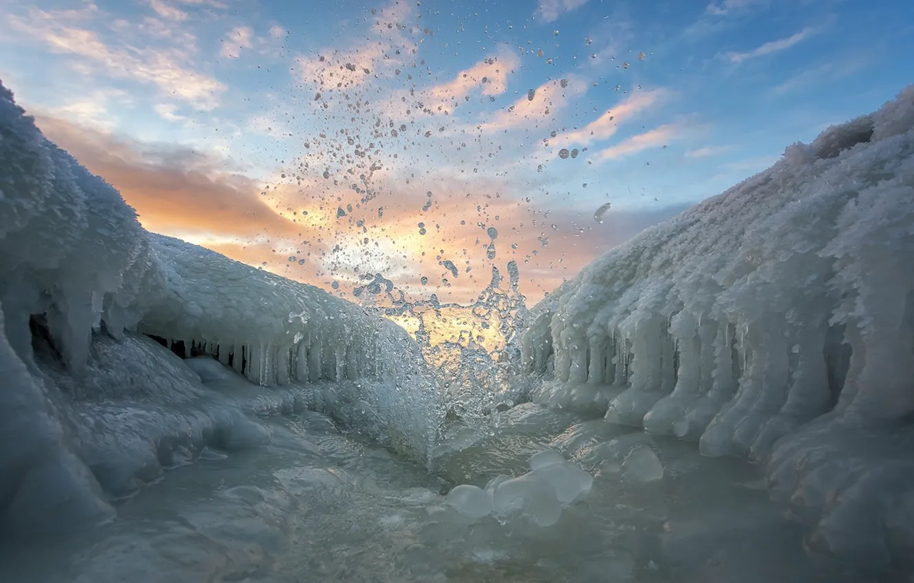 Фото обои зима, капли, лёд, всплеск