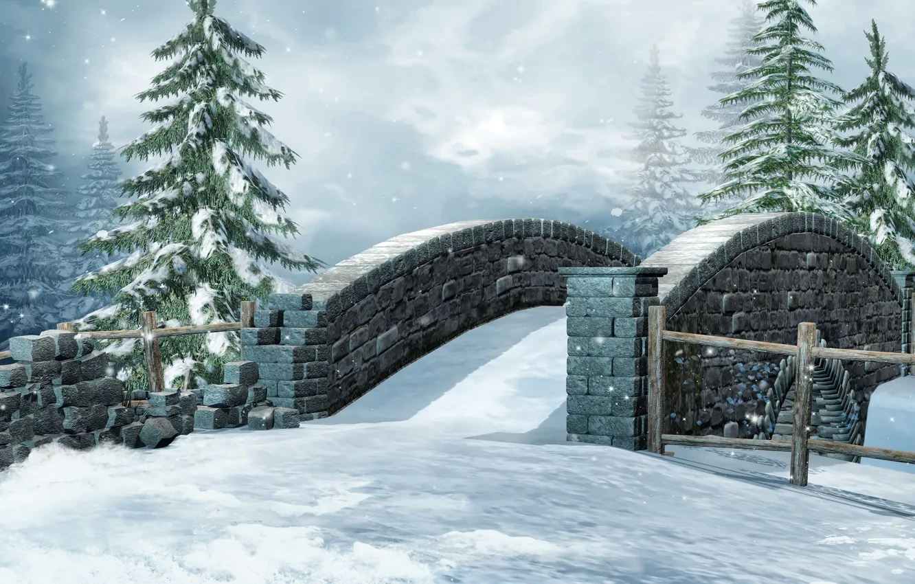 Фото обои зима, снег, мост, природа, фото, ель, 3D графика
