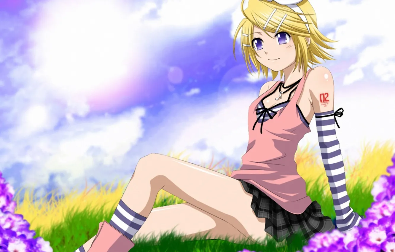 Фото обои девушка, цветы, арт, vocaloid, kagamine rin, сидя, kuromayu