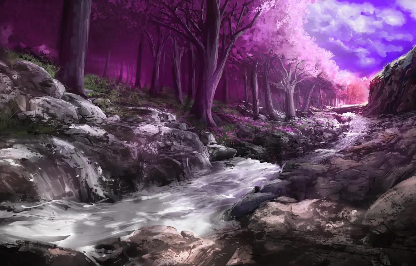 Фото обои лес, деревья, ручей, камни, сакура, арт, розовое, цветение