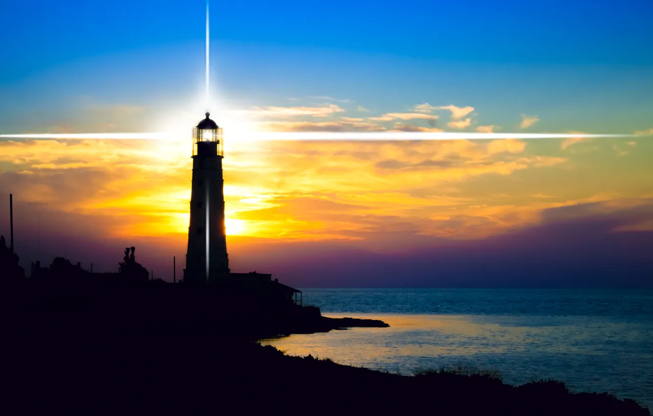 Фото обои море, рассвет, побережье, маяк, горизонт, лучи света
