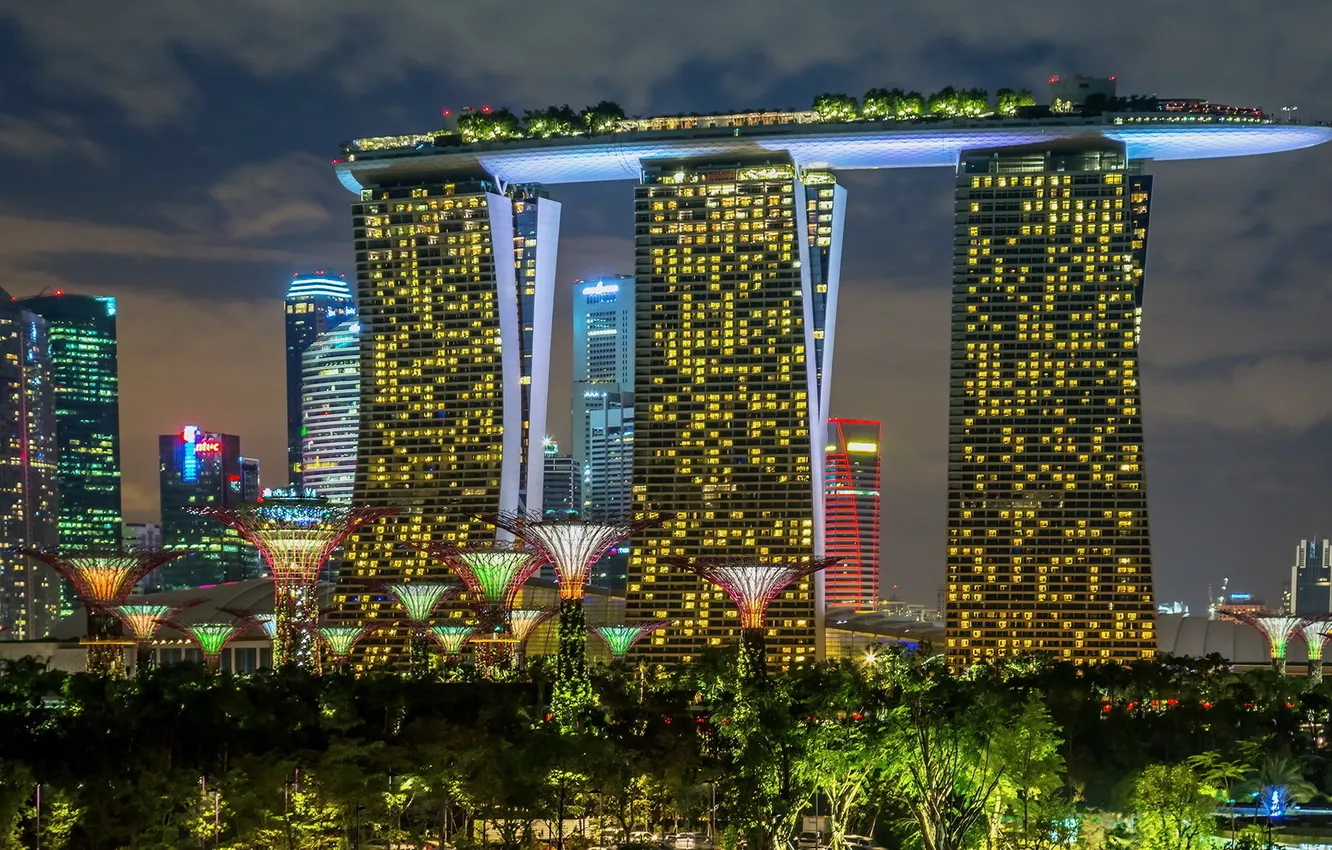 Фото обои огни, здания, Сингапур, отель, Singapore, Marina Bay Sands, Марина Бэй Сэндс