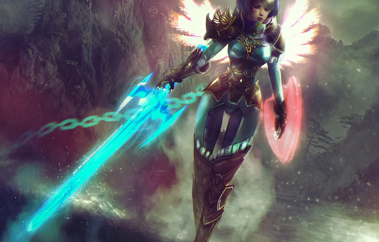Фото обои девушка, магия, крылья, меч, арт, маг, щит, Guild Wars 2