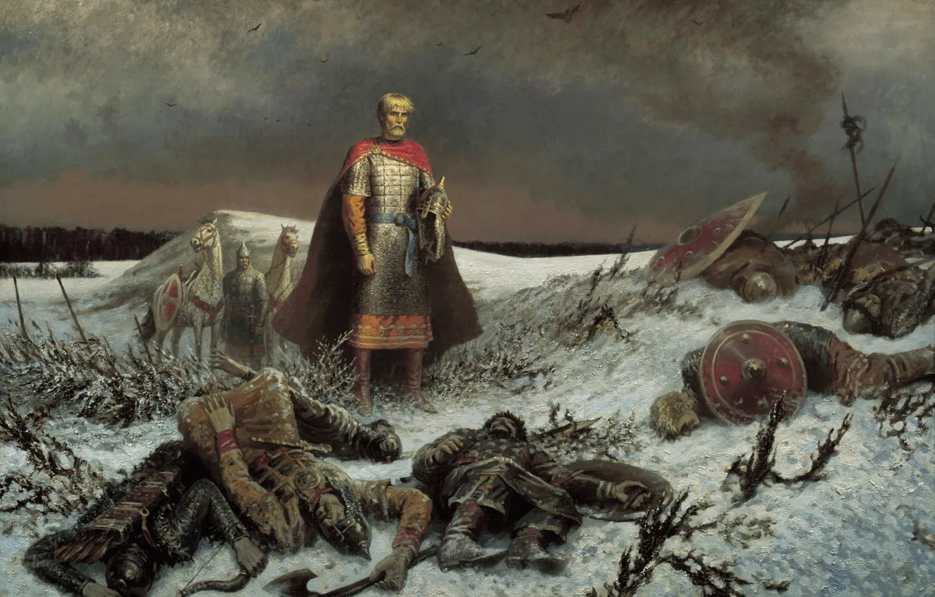 Фото обои поле, картина, тела, воины, сеча, витязи, битвы, Киевская Русь