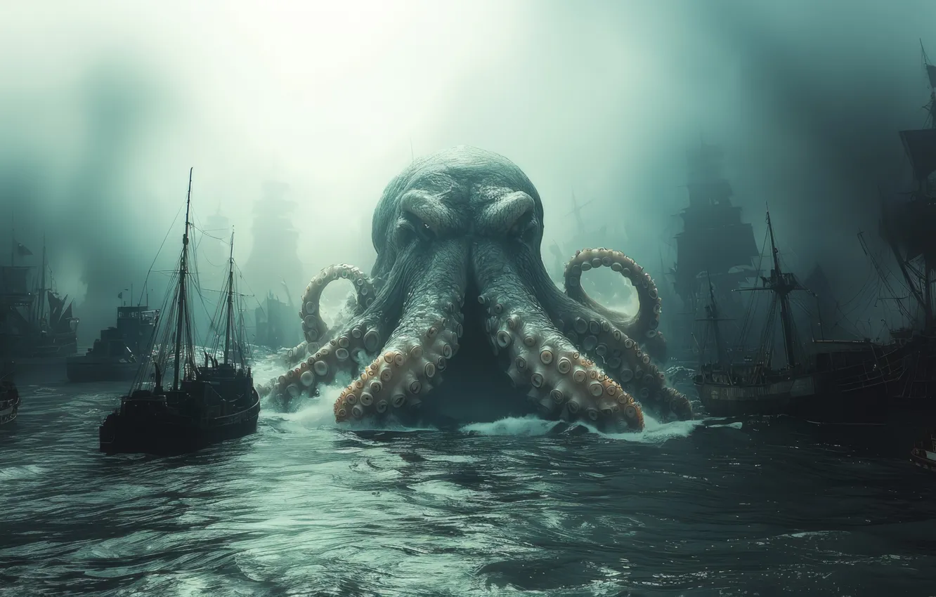Фото обои Море, Туман, Парусники, Корабли, Цифровое искусство, Морское чудовище, ИИ-арт, Искусство искусственного интеллекта