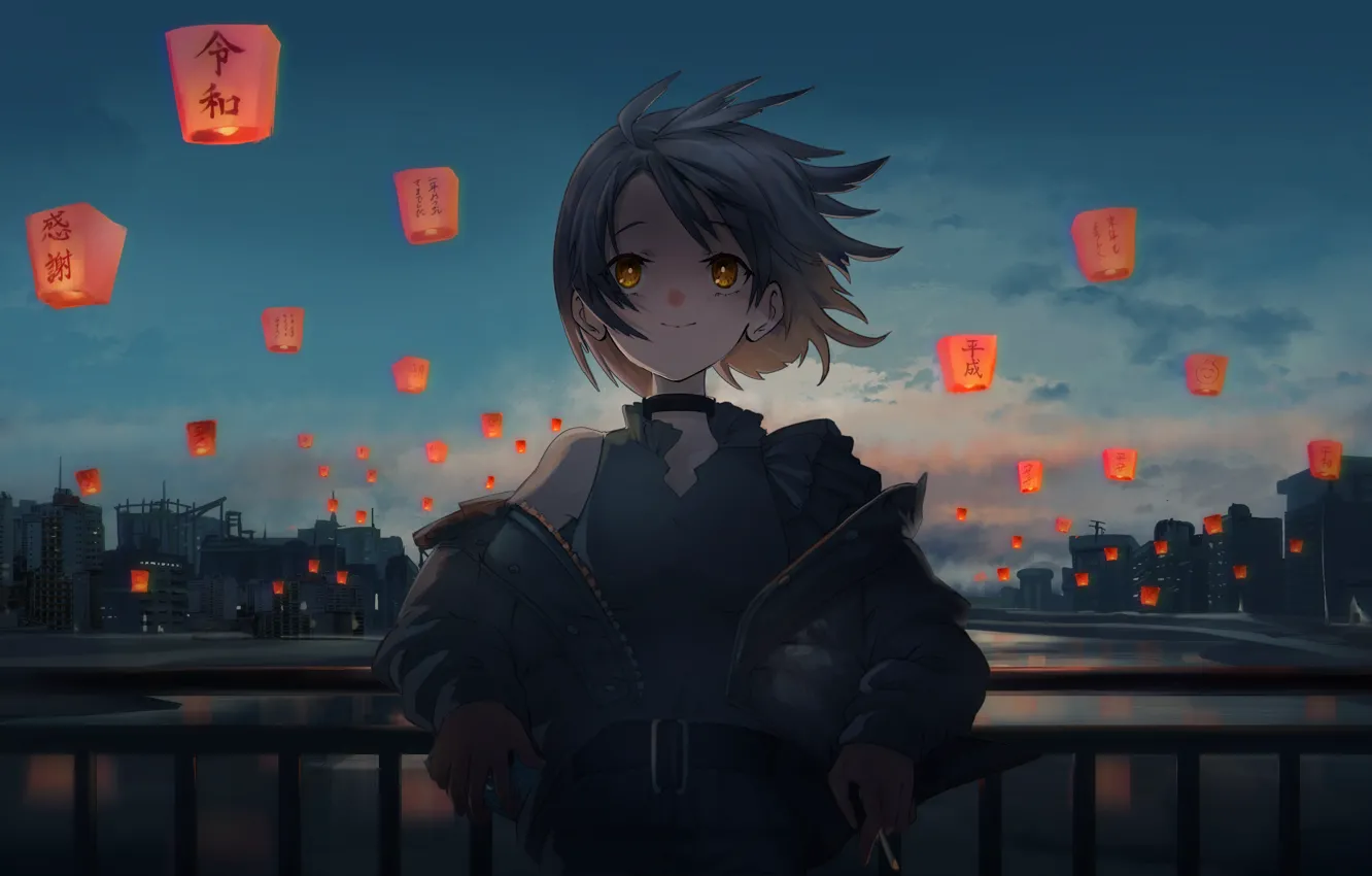 Фото обои девушка, ночь, фонарик