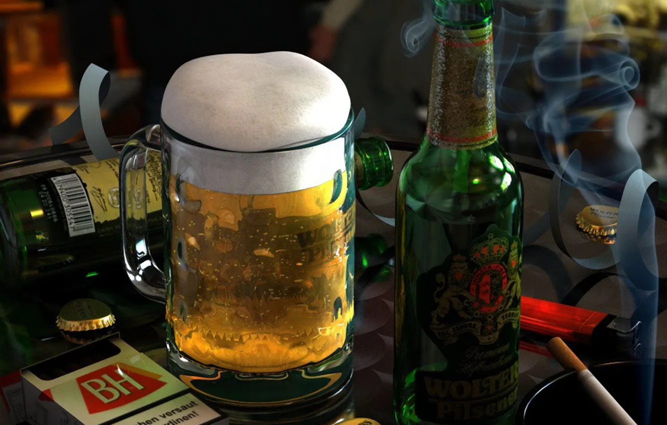Фото обои стакан, бутылка, сигарета, Пиво