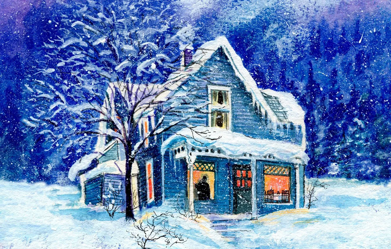 Фото обои зима, снег, дом, рисунок