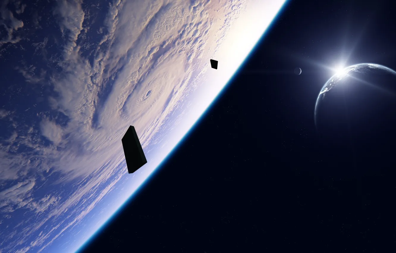 Фото обои космос, звезды, планета, спутник, атмосфера, арт, монолит