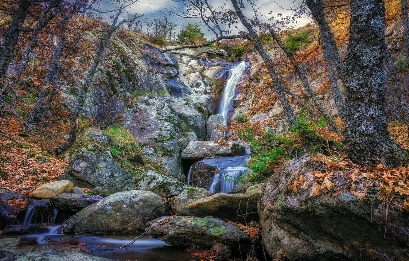Фото обои осень, камни, скалы, водопад