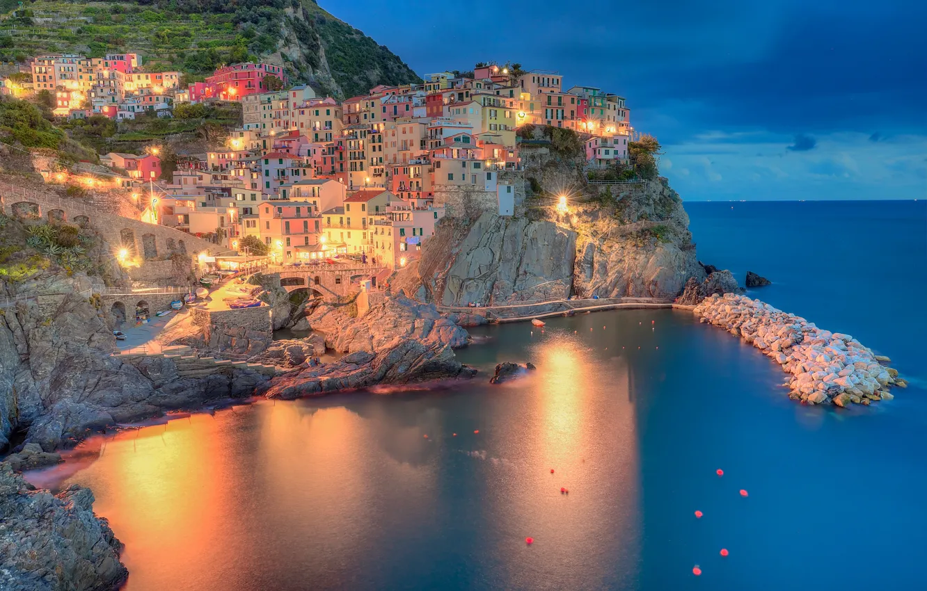 Фото обои море, скала, побережье, здания, дома, бухта, Италия, Italy
