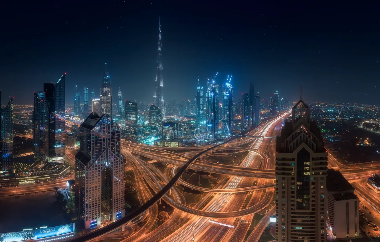 Фото обои ночь, город, огни, Дубай, ОАЭ