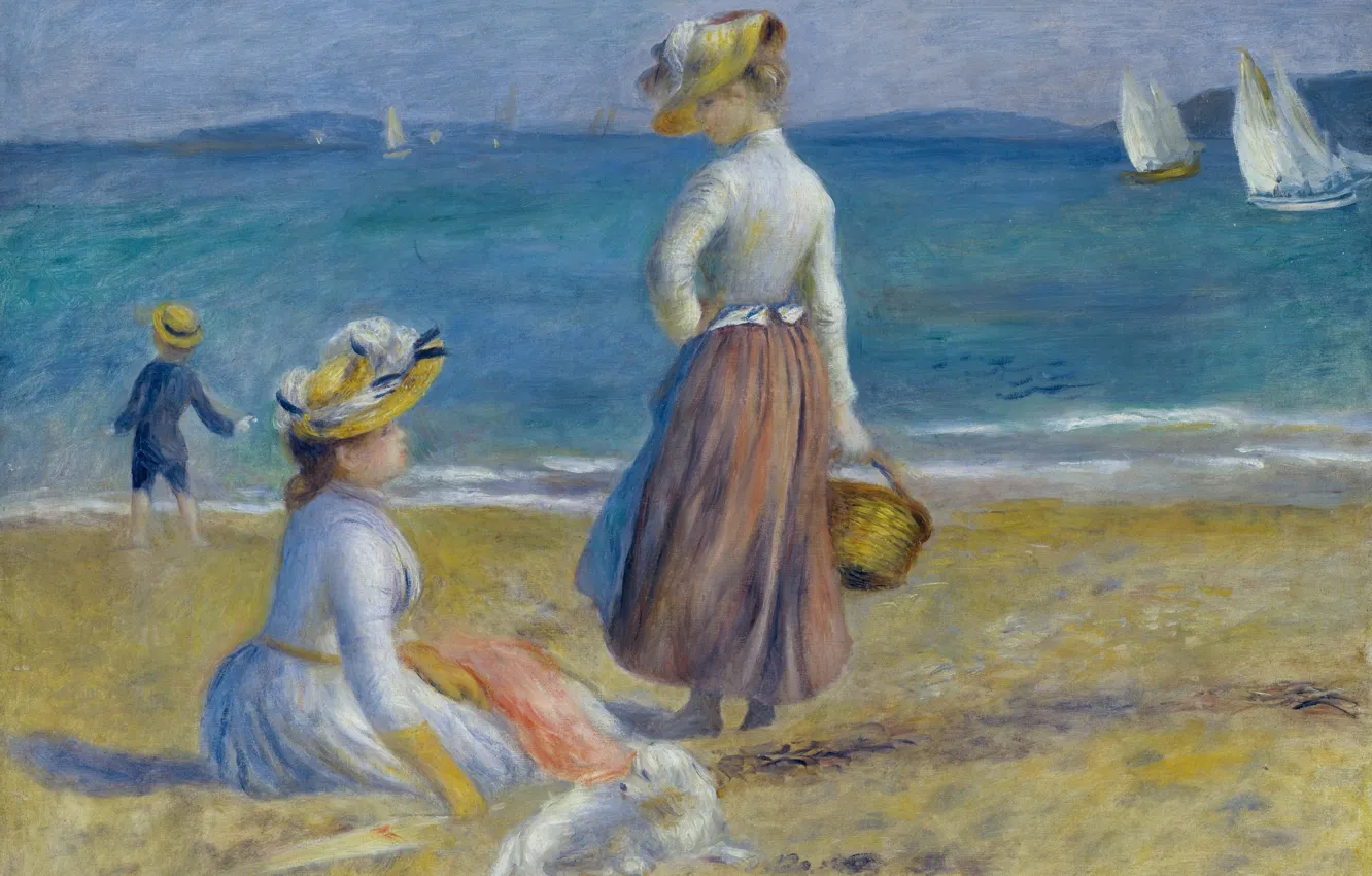 Фото обои море, девушки, лодка, картина, парус, Пьер Огюст Ренуар, Pierre Auguste Renoir, Фигуры на Пляже