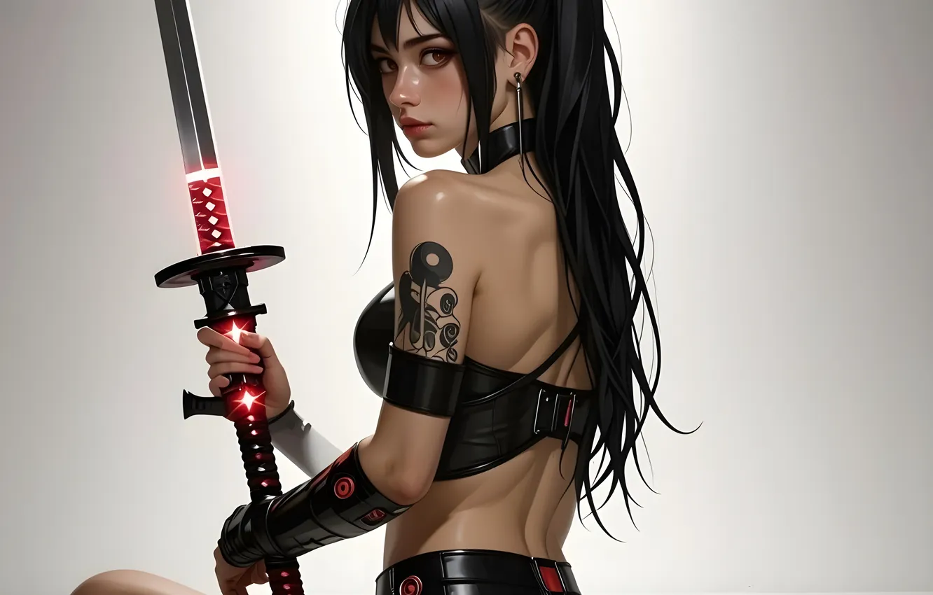 Фото обои girl, sword, fantasy, katana, tattoo, artwork, Samurai, fantasy art