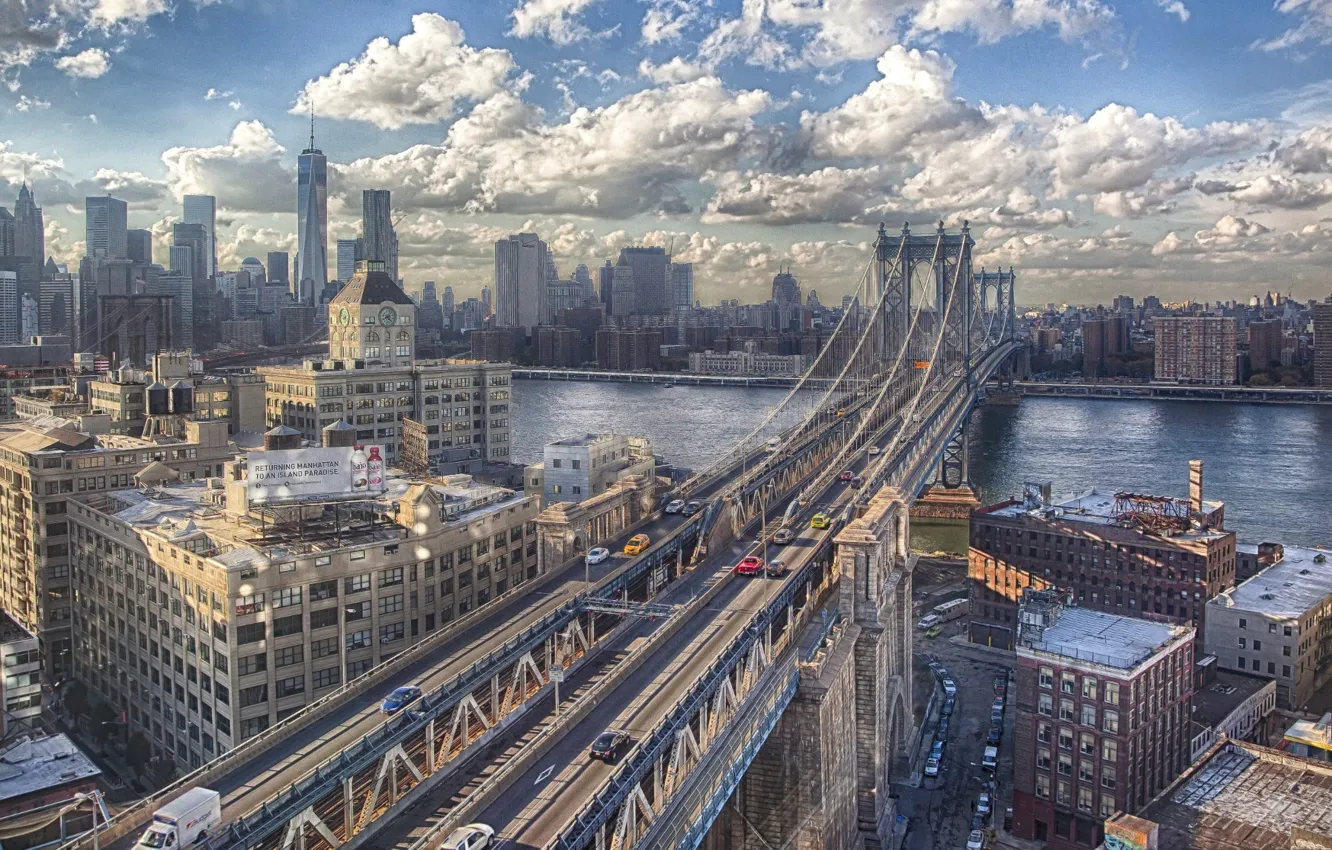 Фото обои авто, мост, река, вид, здания, Нью-Йорк, Бруклин, США