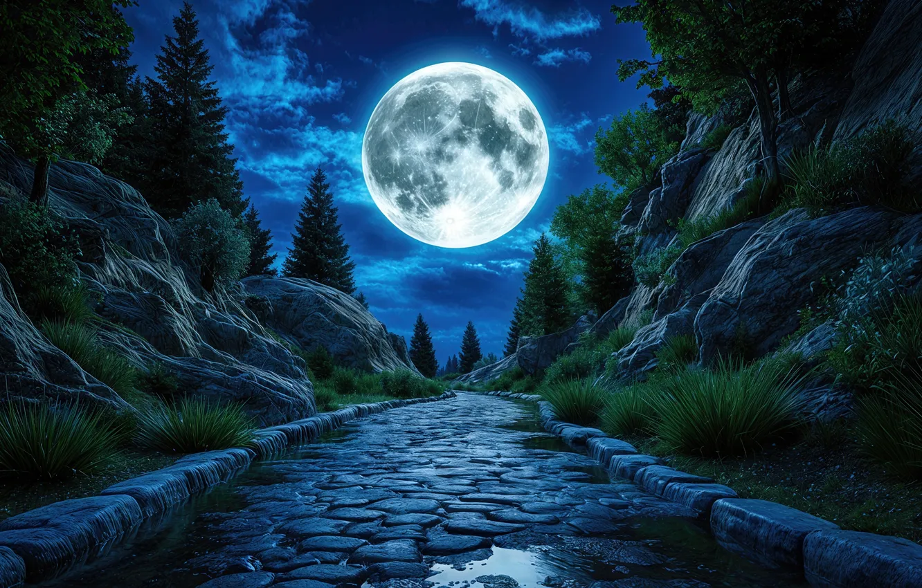 Фото обои moon, mountains, walkway