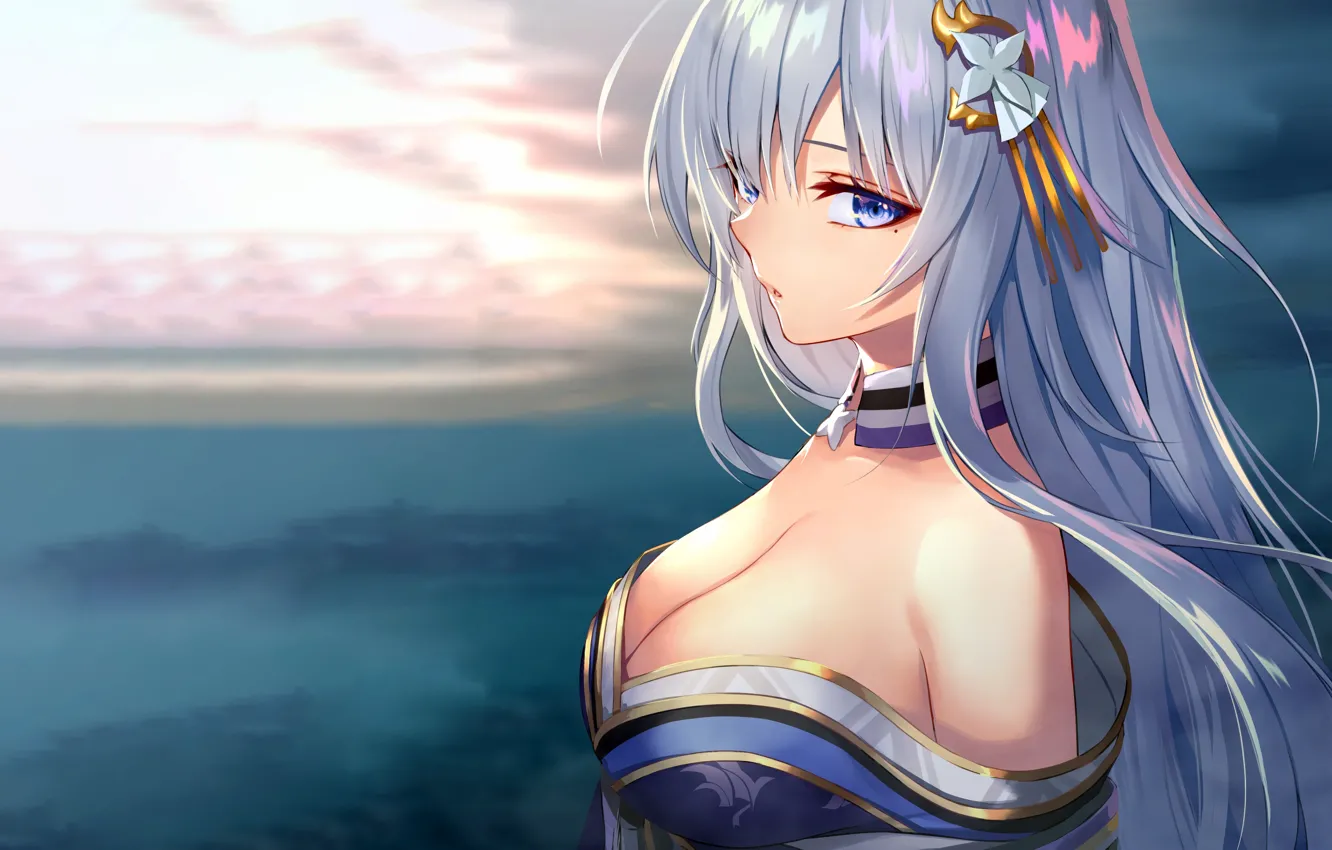 Фото обои girl, sexy, yukata, cleavage, long hair, dress, sea, boobs