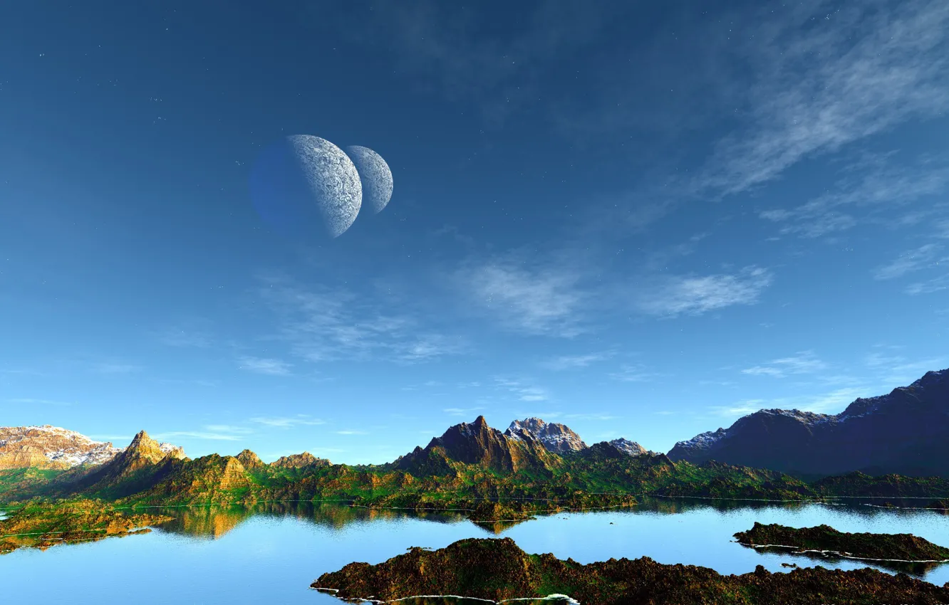 Фото обои небо, пейзаж, горы, озеро, планеты, вид, арт