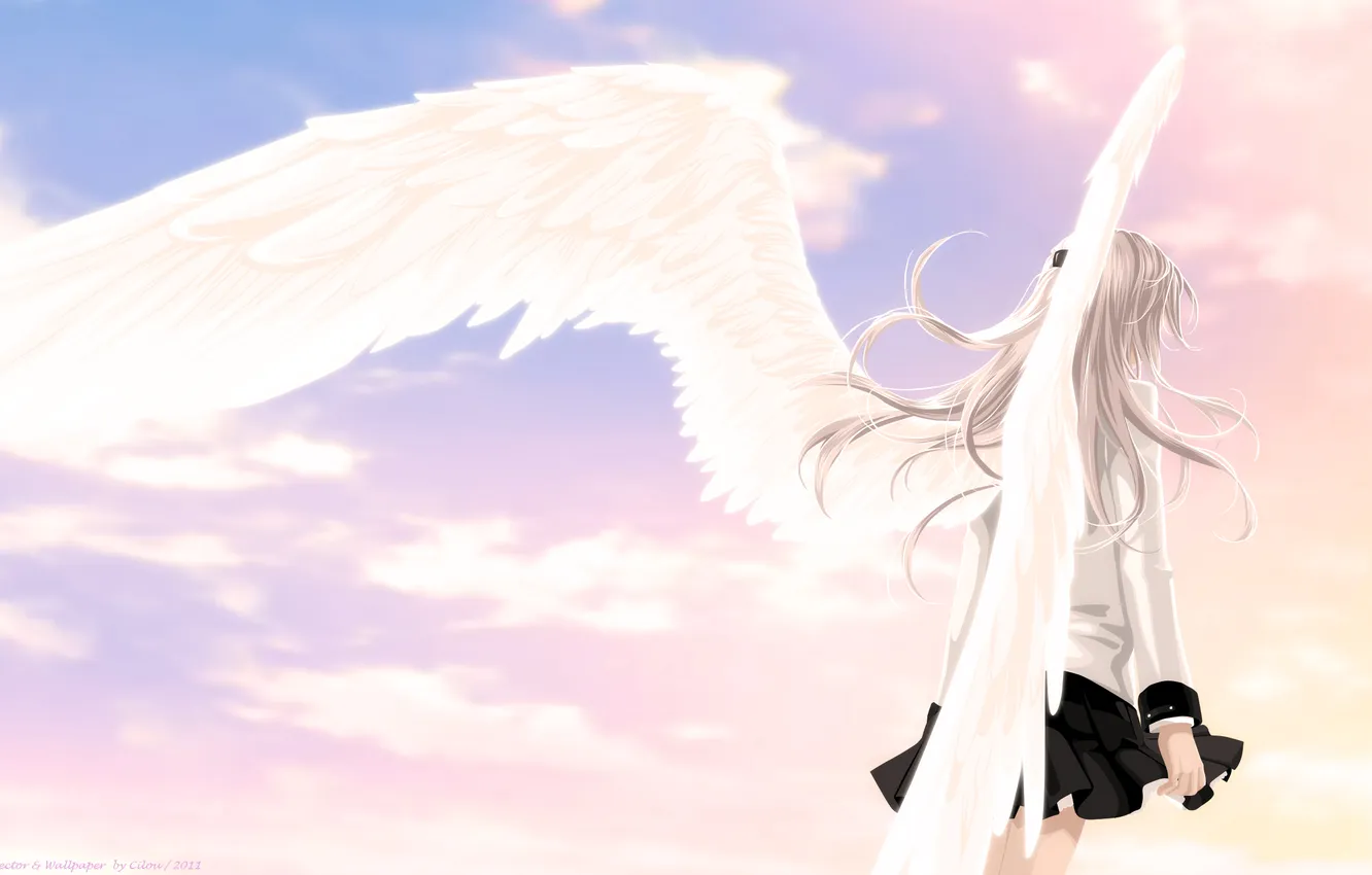 Фото обои небо, девушка, облака, крылья, ангел, аниме, арт, angel beats!