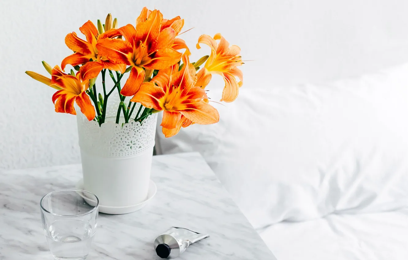 Фото обои Orange, Flower, Morning, Vase, Lilium