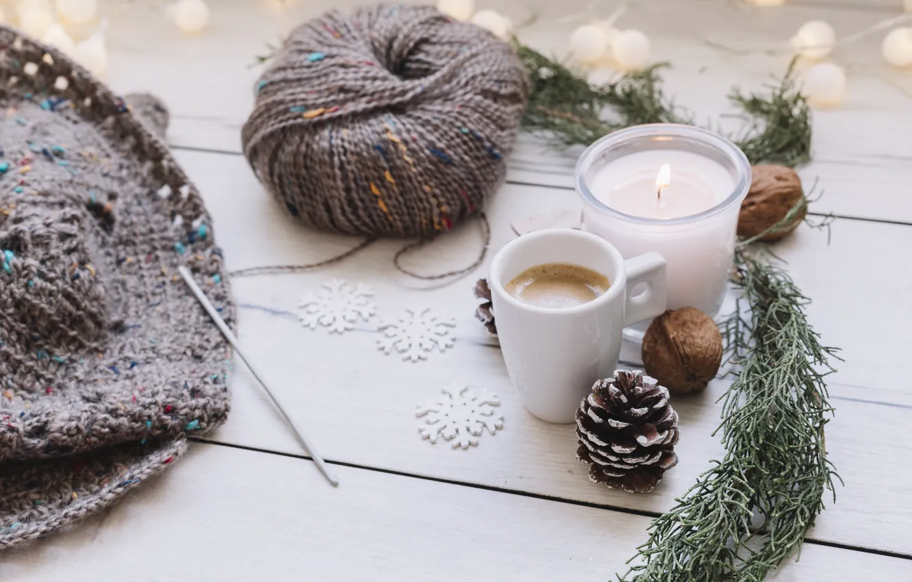 Фото обои снежинки, кофе, нитки, декор, крючок, маток
